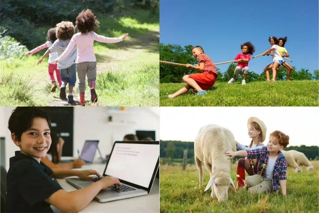 Children participating in various summer camp activities including coding, animal care, and nature exploration in Houston.