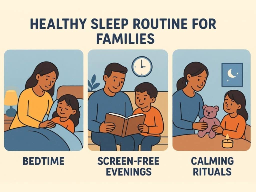 Illustrated chart showing a healthy sleep routine for families, including bedtime, screen-free evenings, and calming rituals.