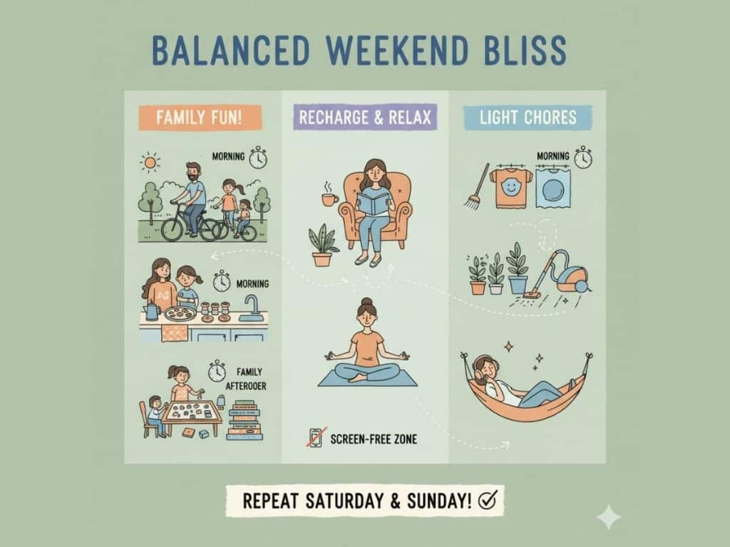 Illustrated chart showing a balanced weekend routine with family time, downtime, and light household tasks.