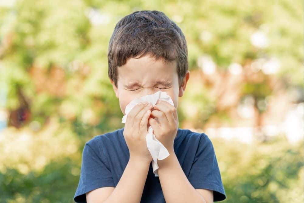 Child sneezing outdoors in Texas fall while nanny provides tissues.