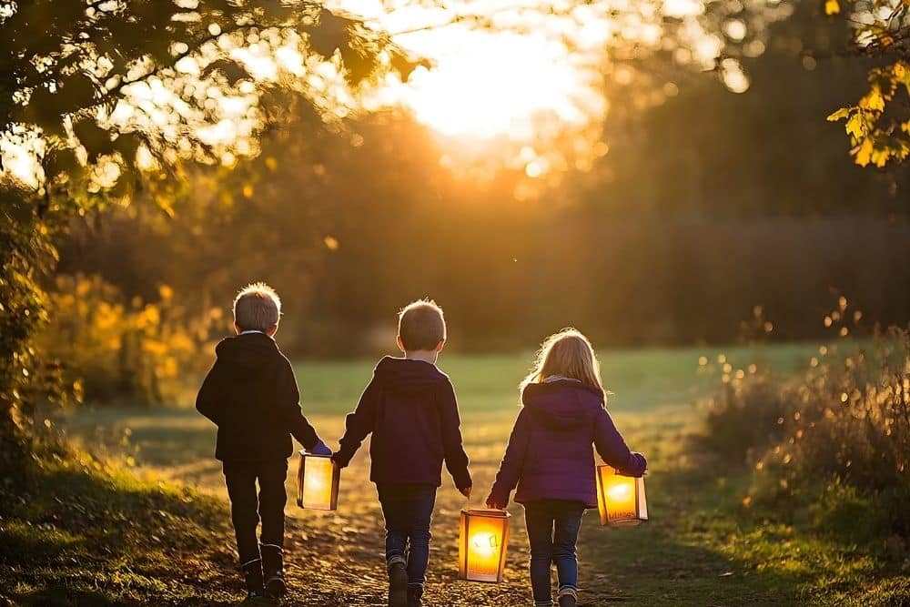 Nanny and children walking at dusk with reflective gear in Texas autumn.