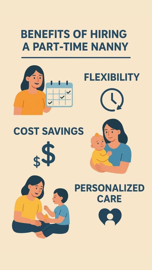 Infographic highlighting key benefits of hiring a part-time nanny, including flexibility, cost savings, and personalized care.
