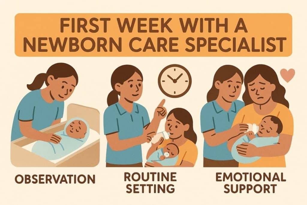 Infographic illustrating the first week with a newborn care specialist: observation, routine setting, and emotional support.