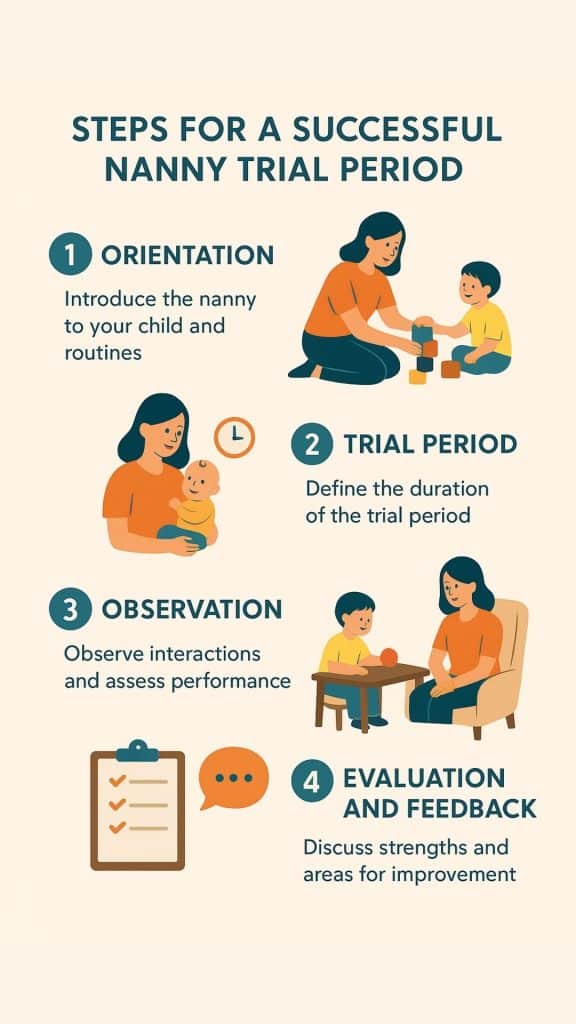 Infographic outlining the steps for a successful nanny trial period, from orientation to evaluation and feedback.