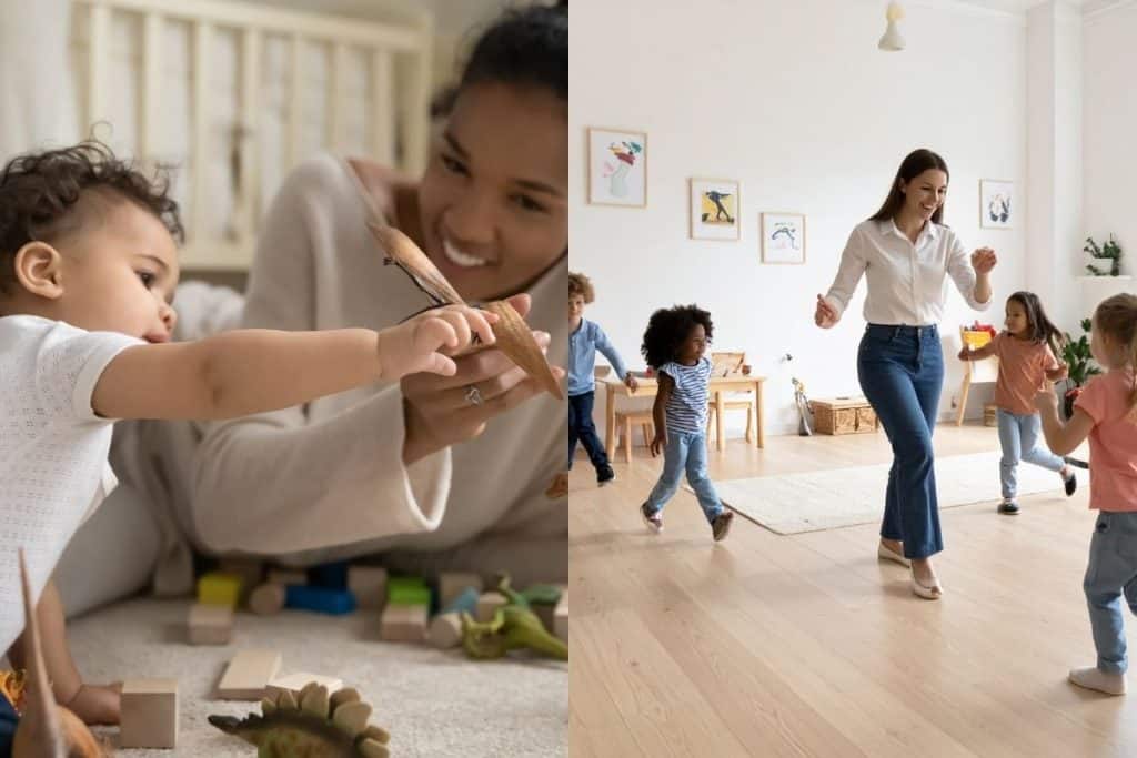 Split image showing a nanny caring for one child at home versus a group of children in a daycare classroom.