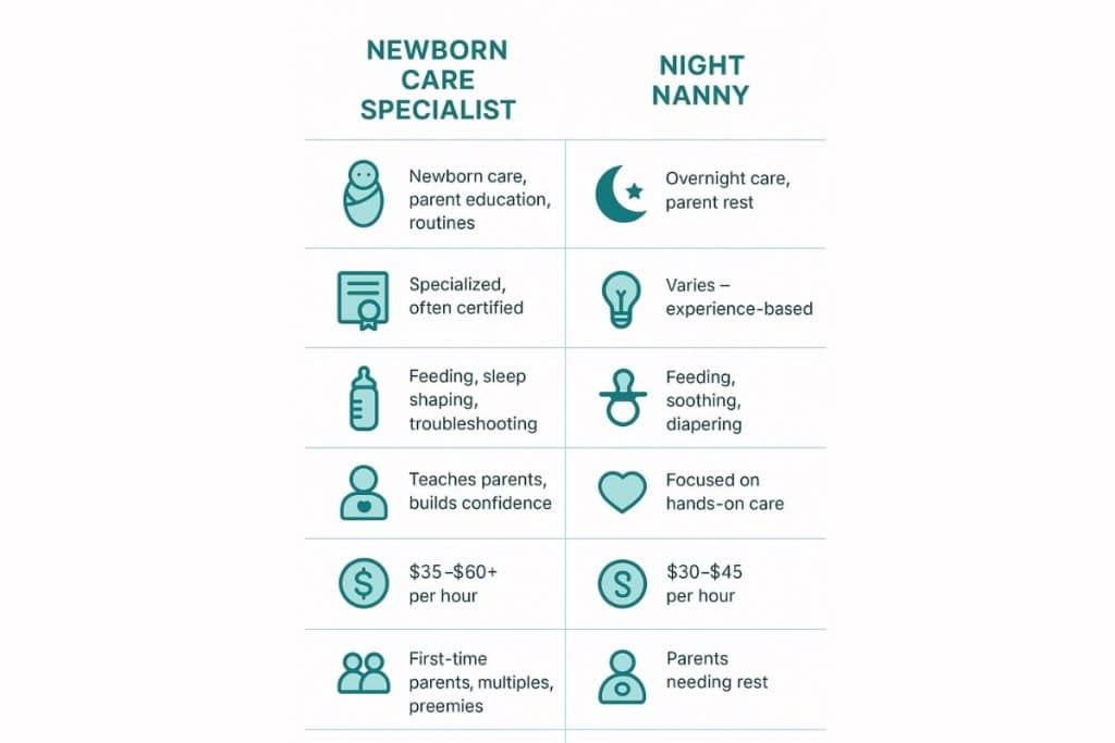 Infographic visually comparing newborn care specialist and night nanny roles, highlighting differences in training, duties, and support.