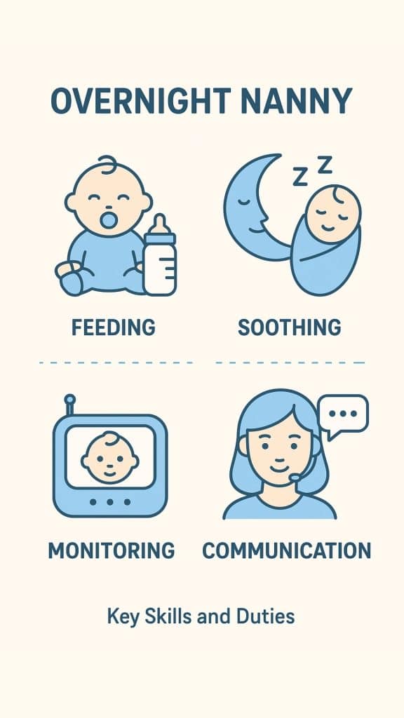 Infographic outlining key skills and duties of an overnight nanny, including feeding, soothing, monitoring, and communication.