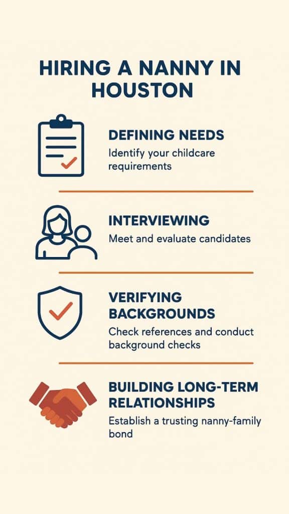 Infographic showing steps for hiring a nanny in Houston: defining needs, interviewing, verifying backgrounds, and building long-term relationships.