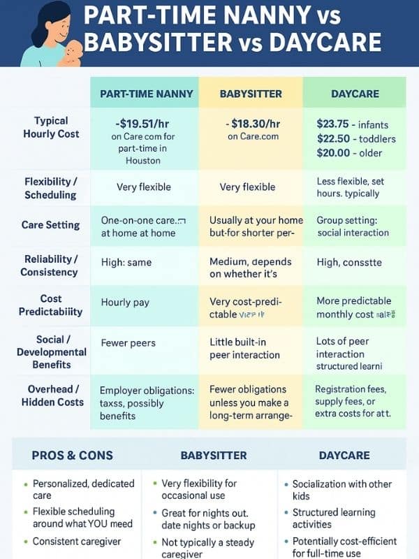 Infographic comparing part-time nannies, babysitters, and daycare in Houston