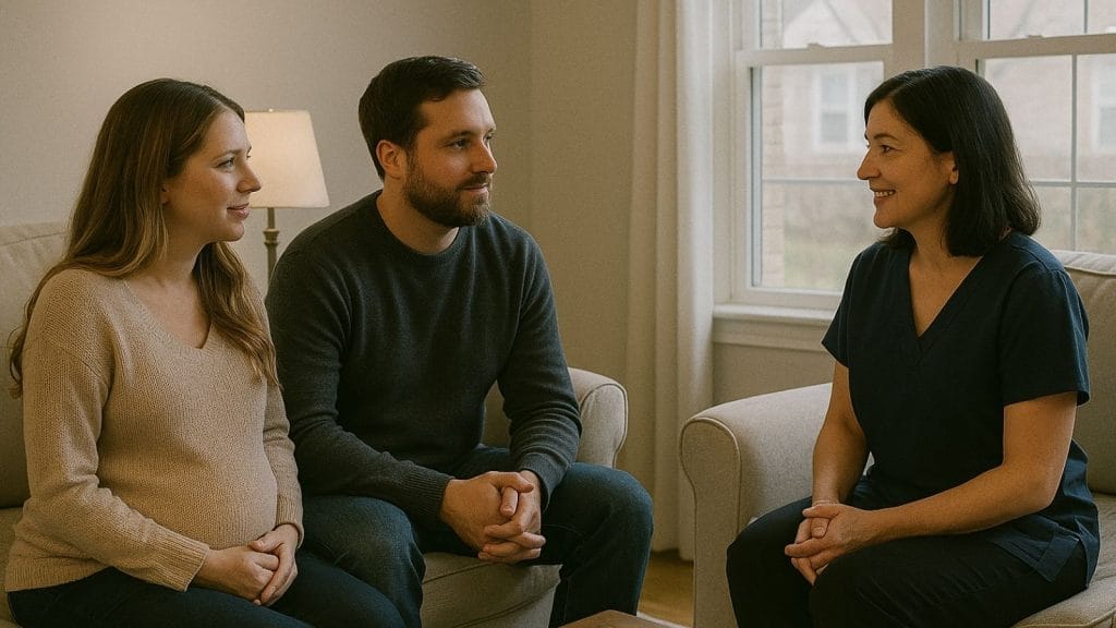Parents meeting a vetted night nanny during an in-home consultation, preparing for newborn winter care.