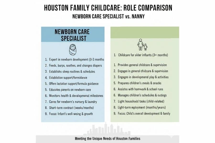 Comparison chart showing duties of a newborn care specialist versus a nanny for Houston families