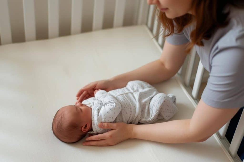 Newborn care specialist practicing safe sleep techniques with an infant
