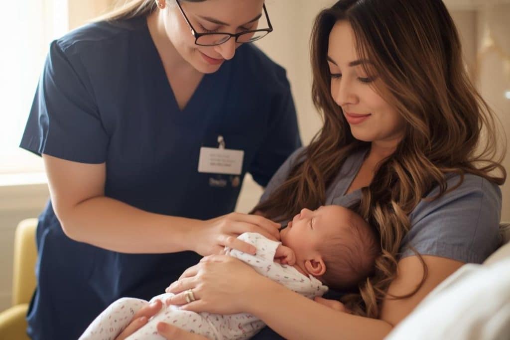 Newborn care specialist supporting a family with infant care