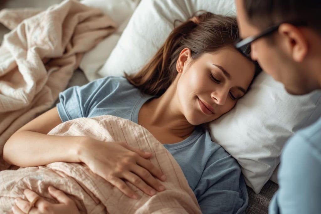 Postpartum parent resting during recovery in the first 8 weeks