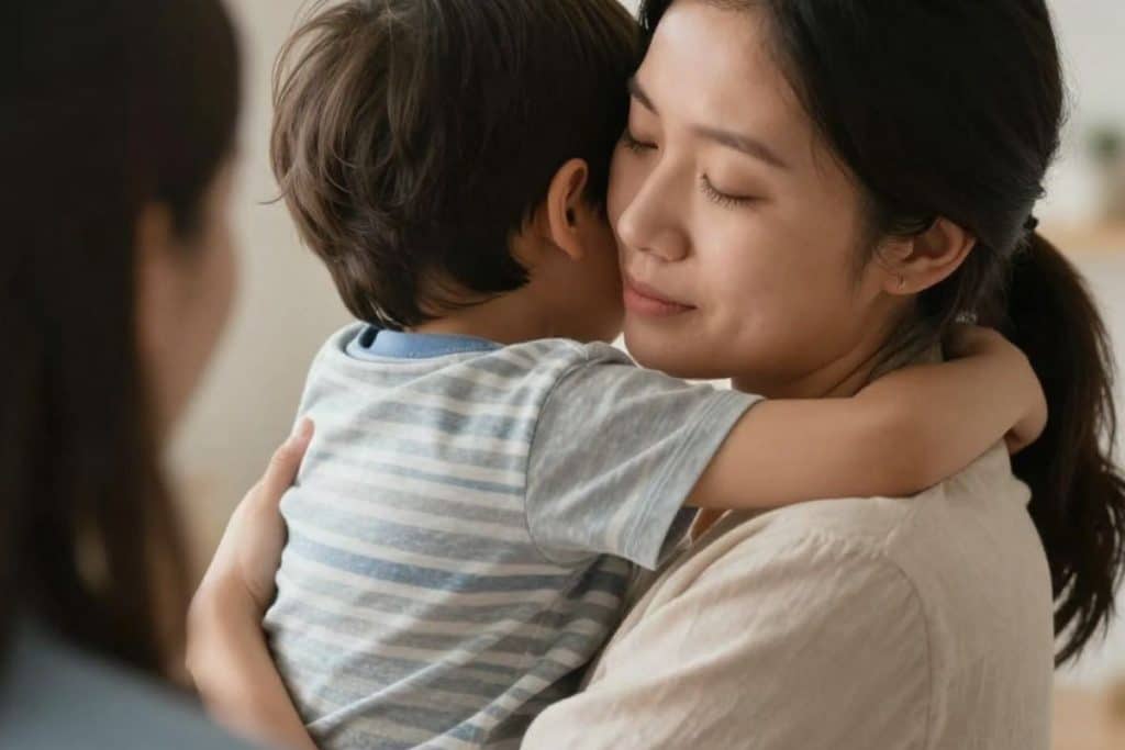 Young child hugging a nanny goodbye during caregiver transition