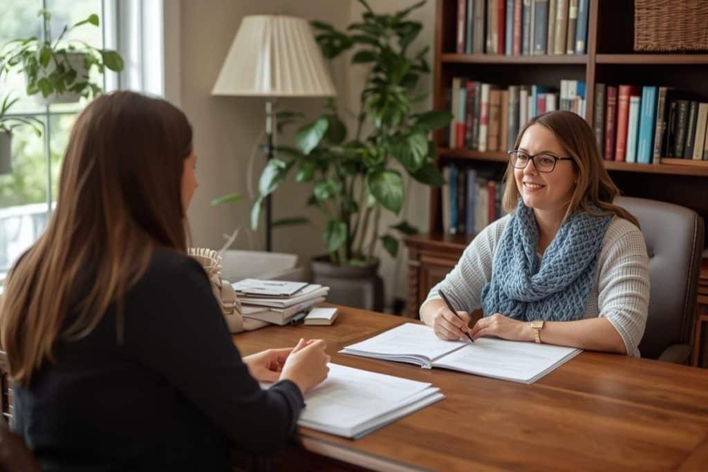 Parent reviewing nanny resumes and conducting interviews at home office