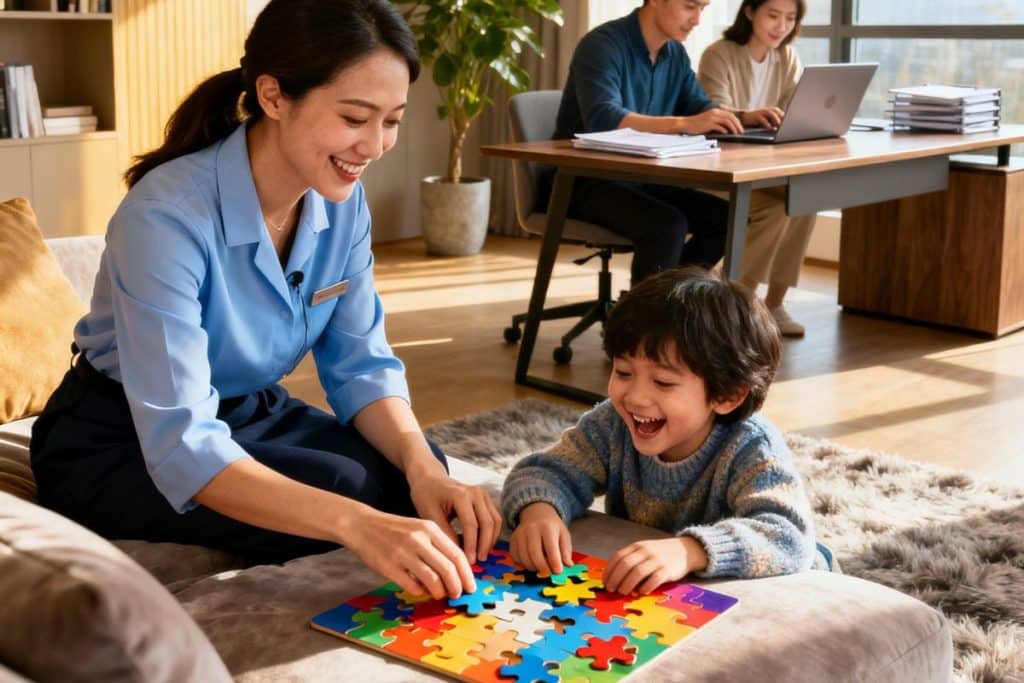Professional nanny confidently caring for child while parents work peacefully nearby