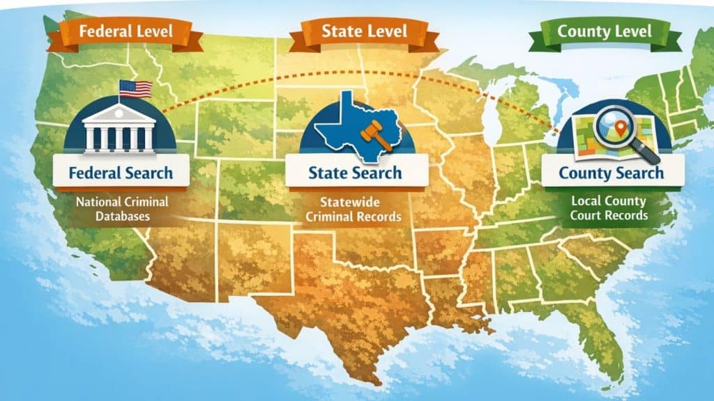 Map graphic illustrating federal, state, and county criminal record searches for nanny background checks