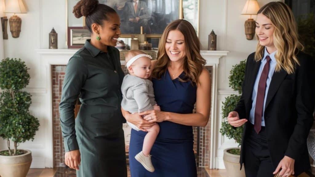 Professional nanny collaborating respectfully with household staff in a high-standard home.