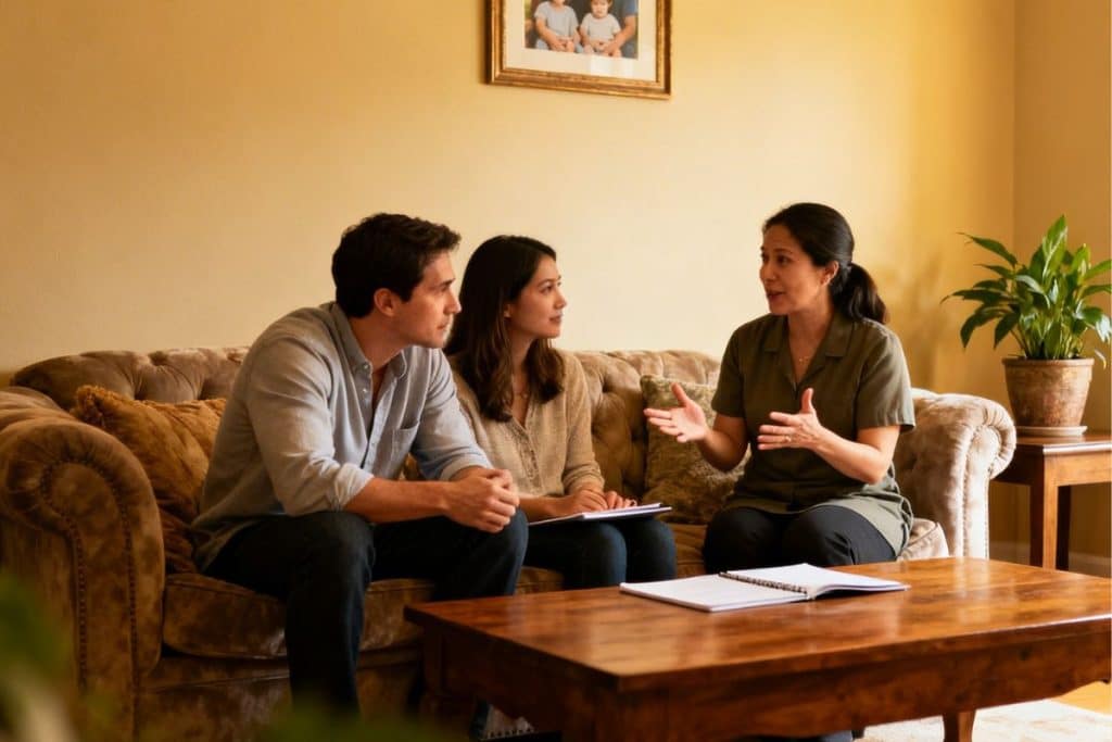 Parents and nanny having a weekly check-in discussion in living room