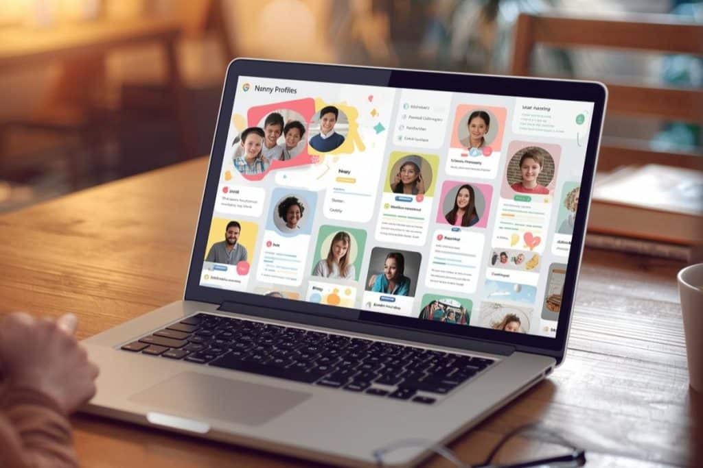 Nanny profile listings displayed on a laptop screen, illustrating self-reported experience on online nanny platforms.