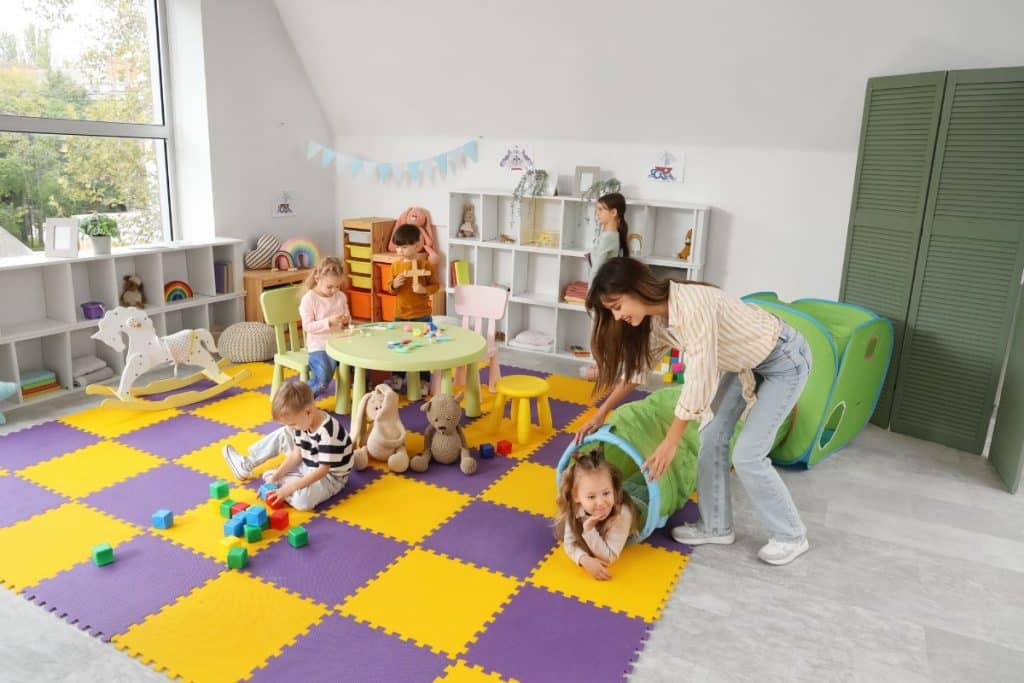 Organized family home with child play area prepared for nanny care
