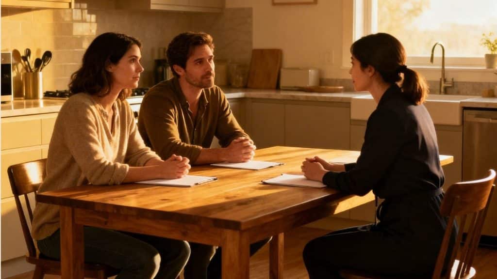 Parents and professional nanny having a structured discussion at kitchen table