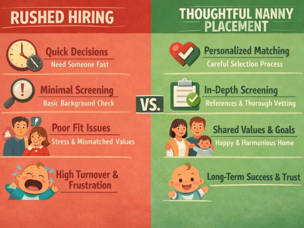 comparison between rushed hiring process and thoughtful nanny placement matching
