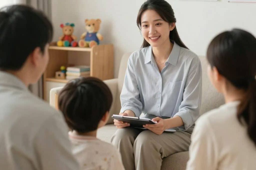 Professional nanny discussing child updates with parents in a family home