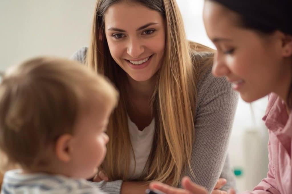 Parent attentively watching child and nanny interaction with focus on safety and supervision