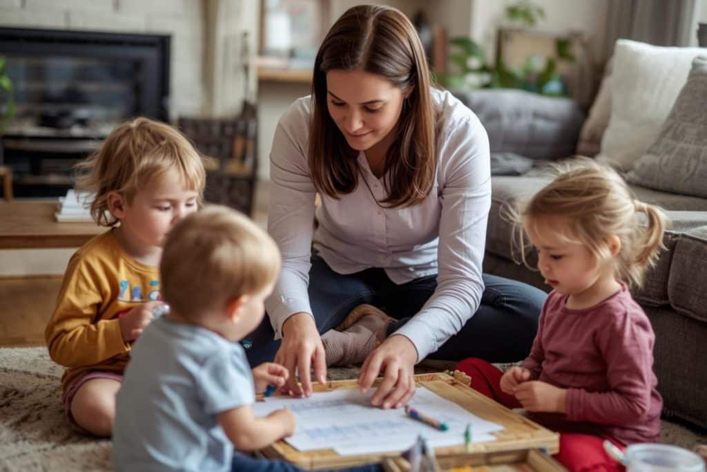 Professional nanny leading structured developmental activity with children at home