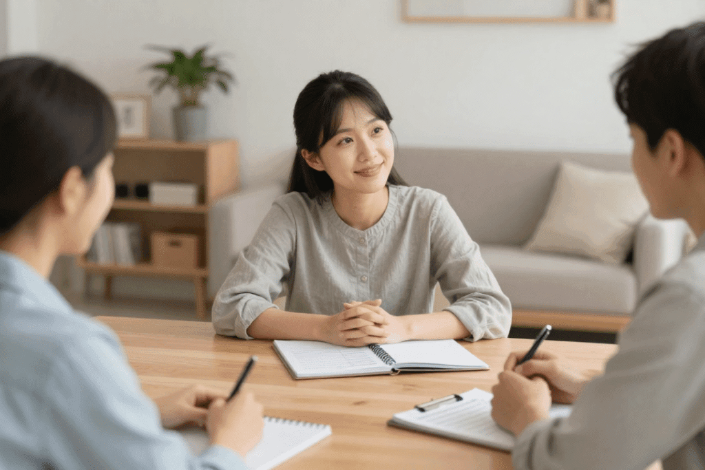 Structured nanny interview with parents asking detailed childcare questions