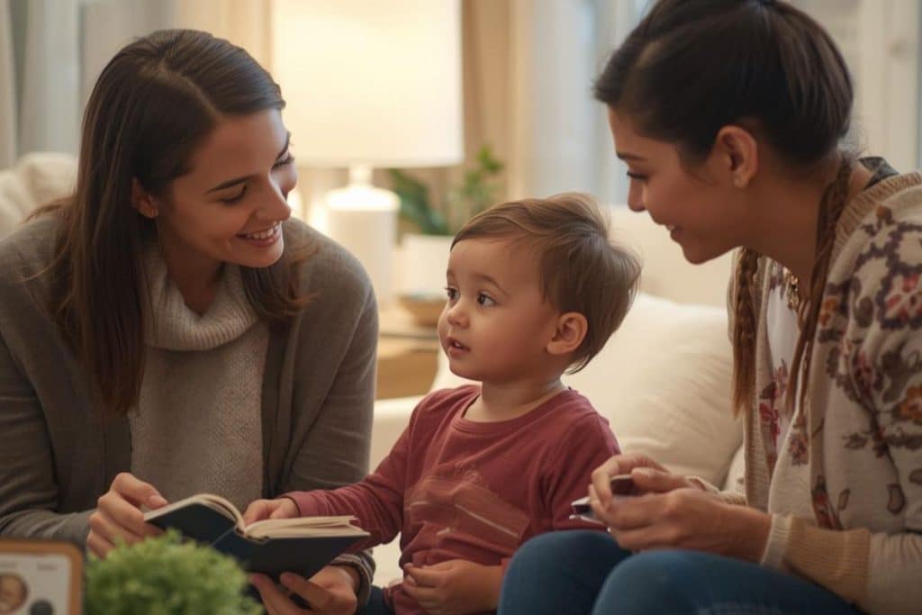 Child being gently introduced to a new nanny with parent present in a calm home environment
