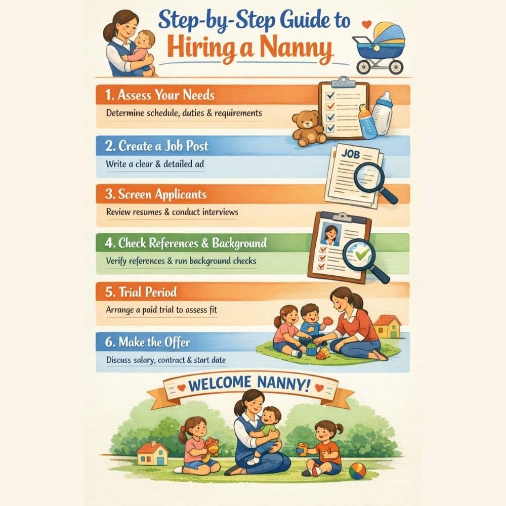 Step-by-step guide to hiring a nanny infographic