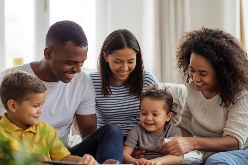 Happy family and nanny working together harmoniously in a home environment
