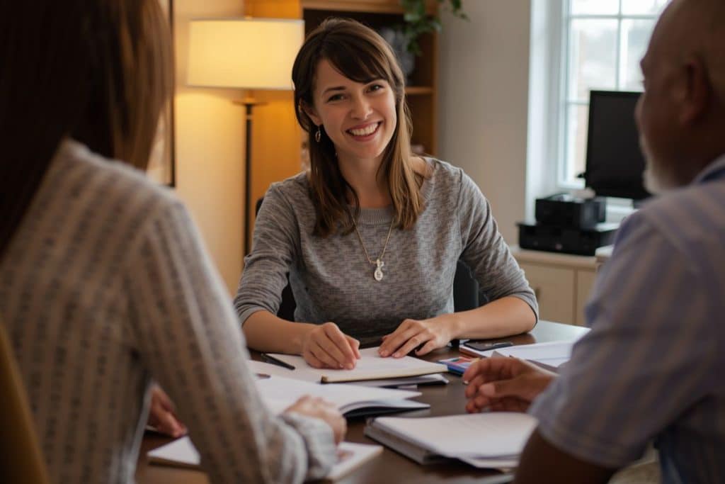 Consultant presenting carefully selected nanny candidates to a family in a professional setting