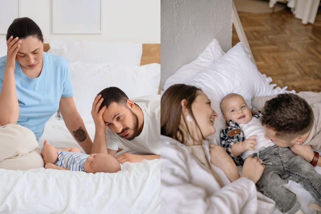 Stressed parent managing childcare search versus relaxed parent with trusted nanny