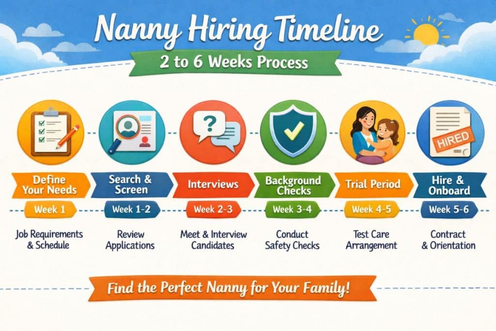 Nanny hiring timeline infographic showing 2 to 6 week process