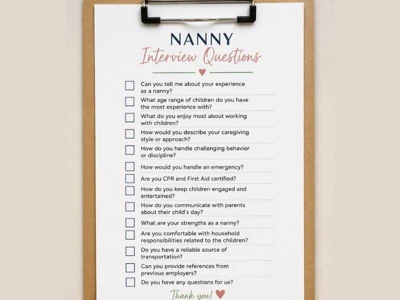 Checklist of nanny interview questions on clipboard