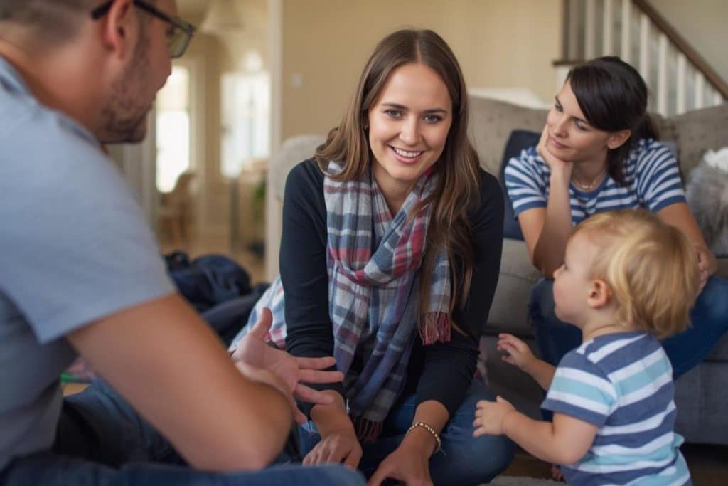 Family interviewing nanny candidate in home environment while child interacts nearby