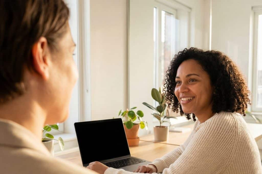 Parent interviewing nanny candidate and reviewing documents