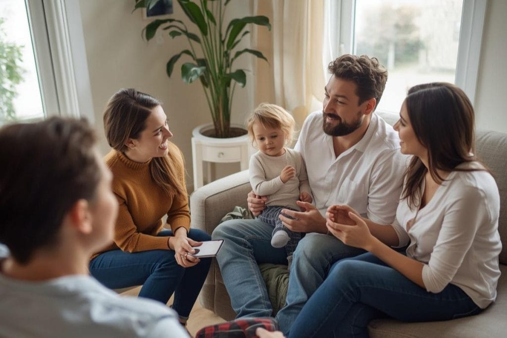 Family interviewing a nanny candidate in a home setting with child present