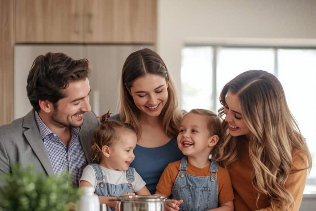 Happy family and nanny interacting comfortably in home environment showing trust and stability