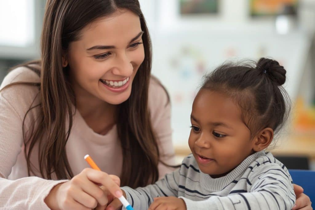 Nanny giving one-on-one educational attention to child during learning activity