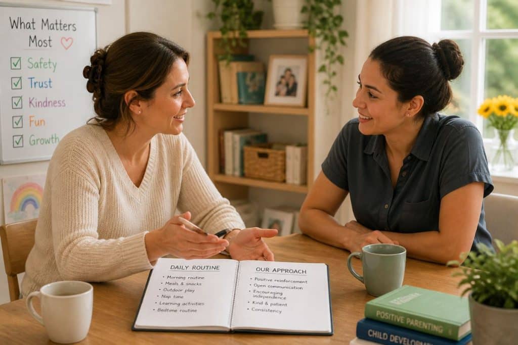 Nanny and parent discussing childcare approach and routines