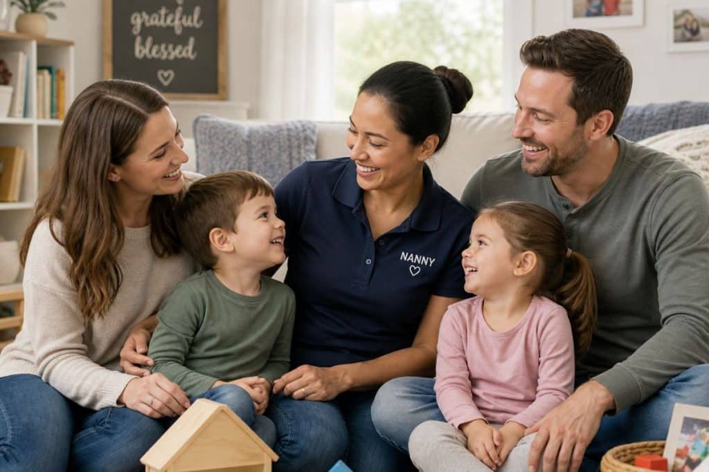 Happy family with trusted nanny enjoying long-term childcare relationship