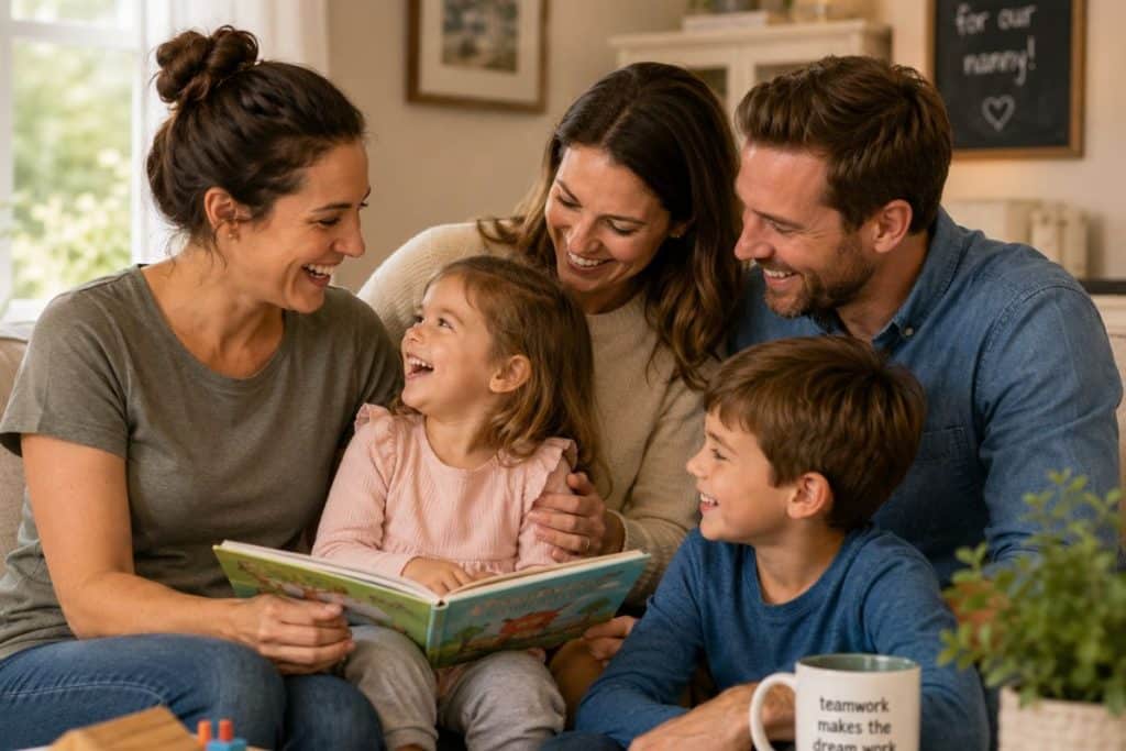 Happy nanny and family enjoying stable long-term childcare relationship