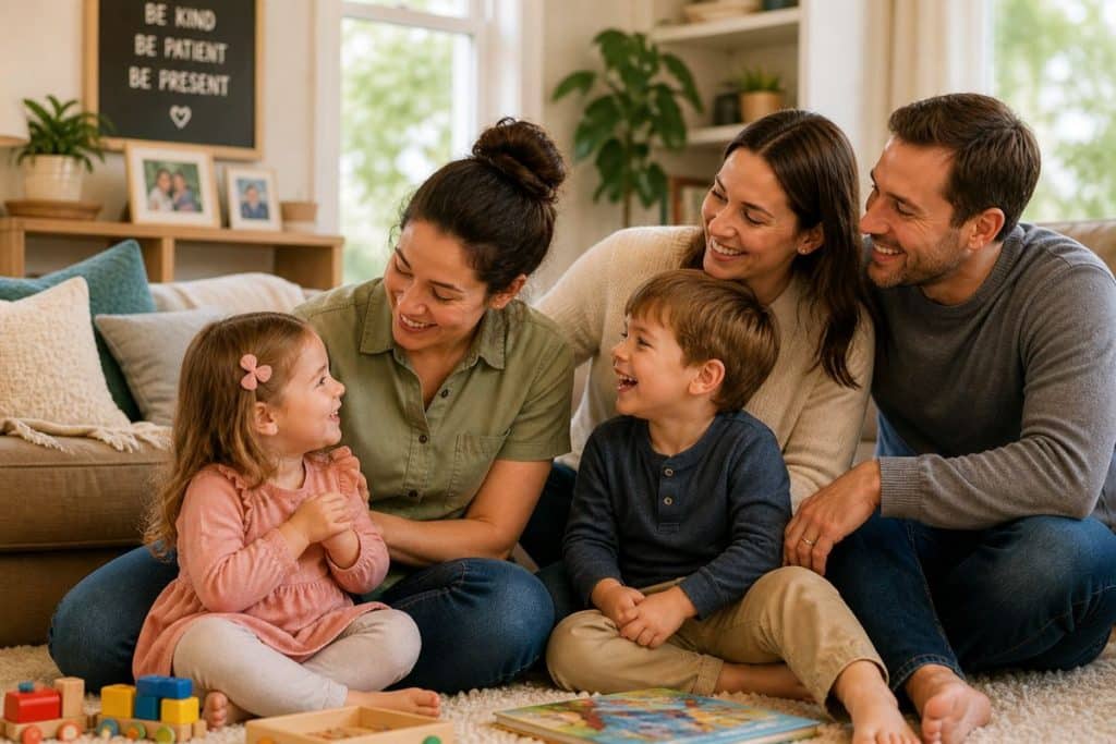 Happy family with nanny showing trust and long-term relationship