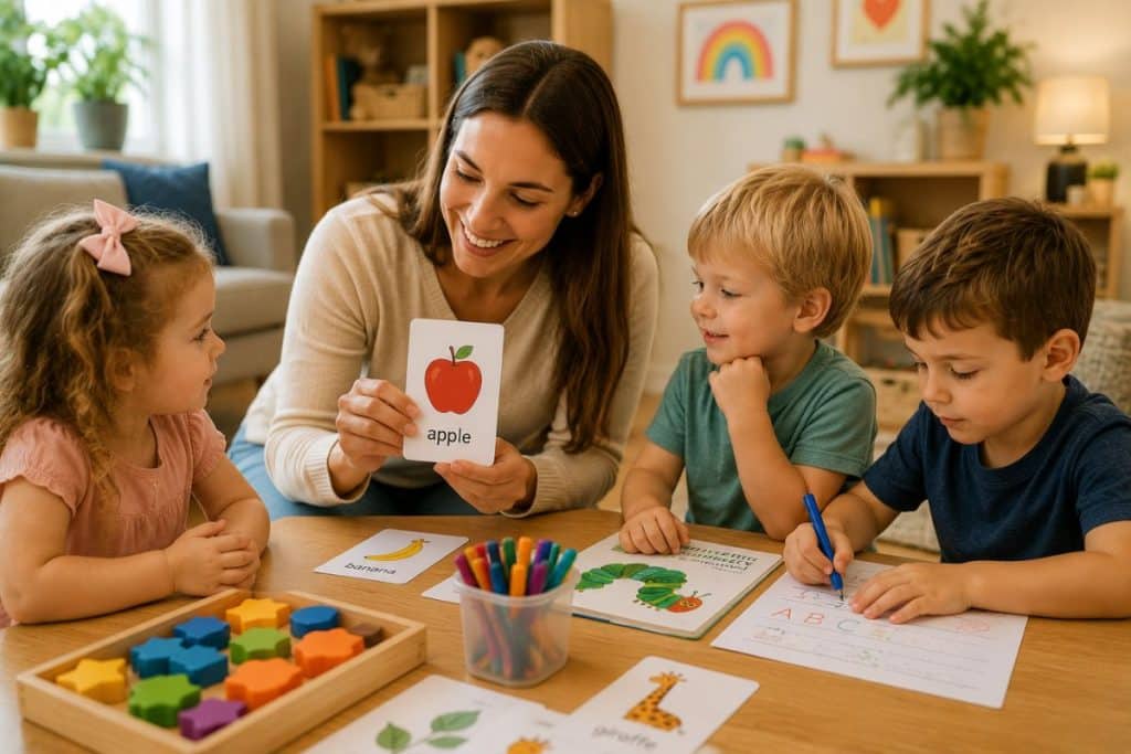 Experienced nanny engaging with young children during educational play