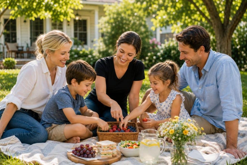 Happy family and nanny enjoying quality time together outdoors